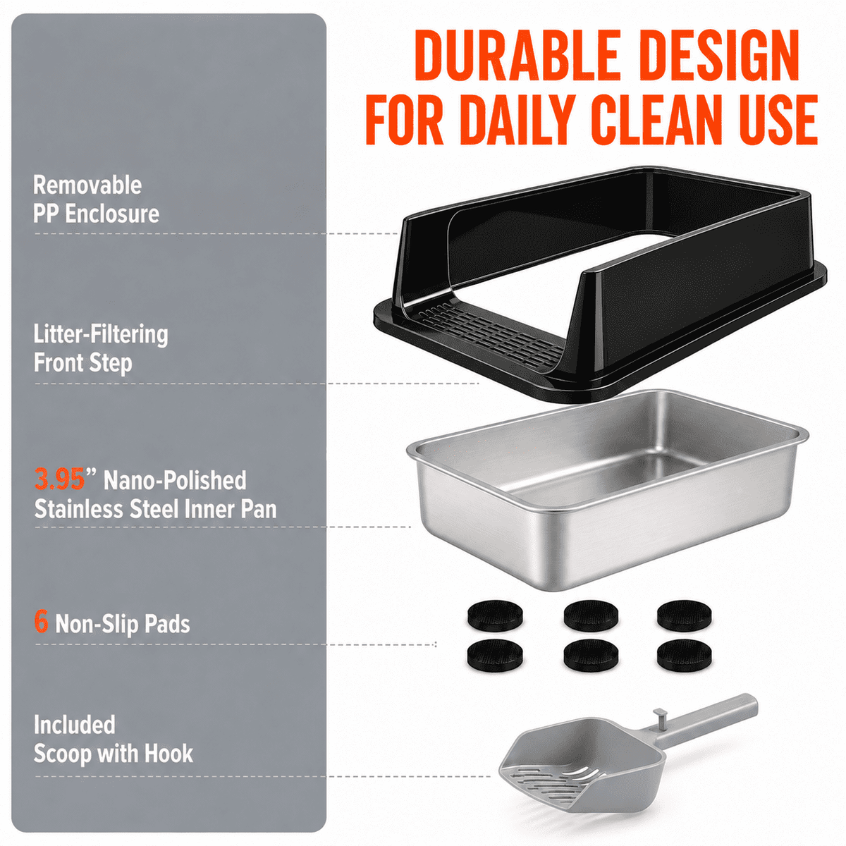 PHANCIR XL High-Sided Stainless Steel Cat Litter Box with Scoop, Black