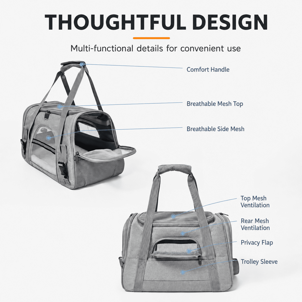 PHANCIR 17.32-Inch Foldable Soft-Sided Cat Carrier with Plush Mat, Gray