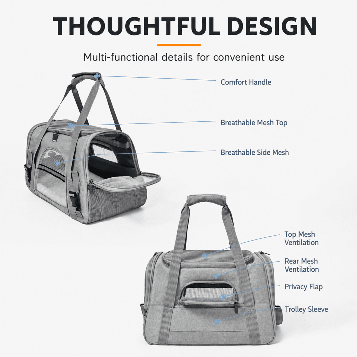 PHANCIR 17.32-Inch Foldable Soft-Sided Cat Carrier with Plush Mat, Gray