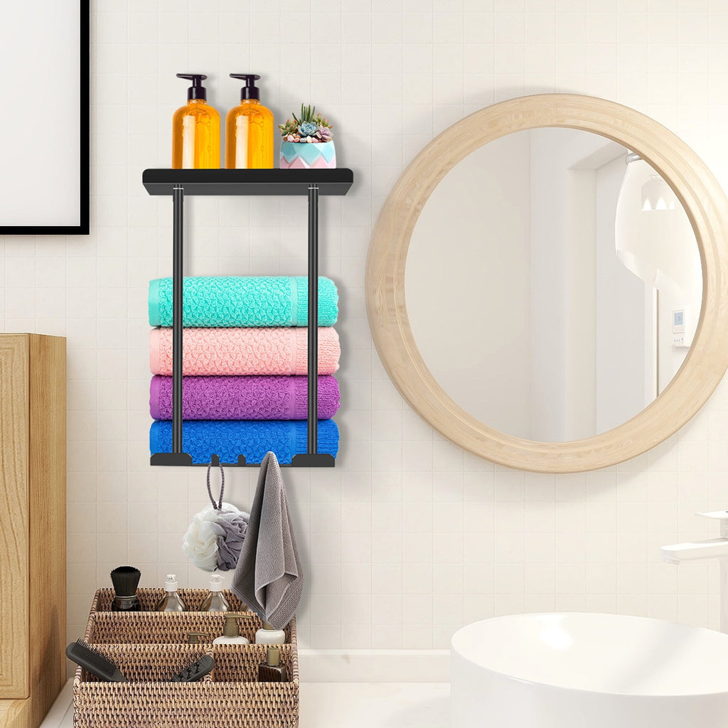 PHANCIR Retractable Wall Towel Rack with Shelf & Hooks, Black