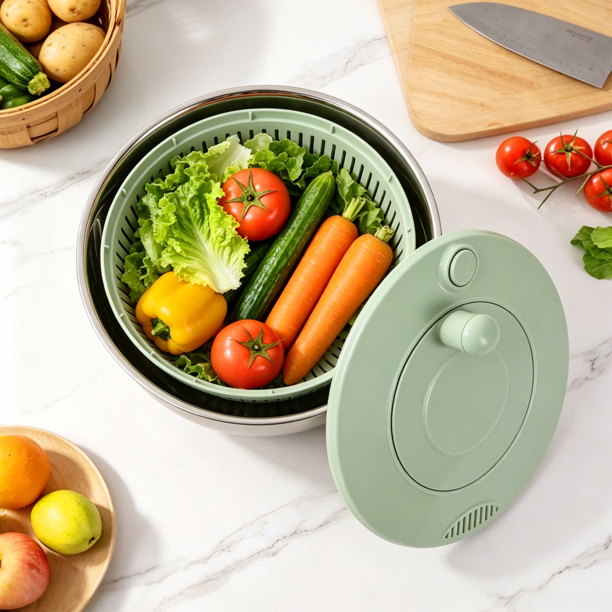 3-in-1 Stainless Steel Salad Spinner with 6 Blades, 4.76 Qt