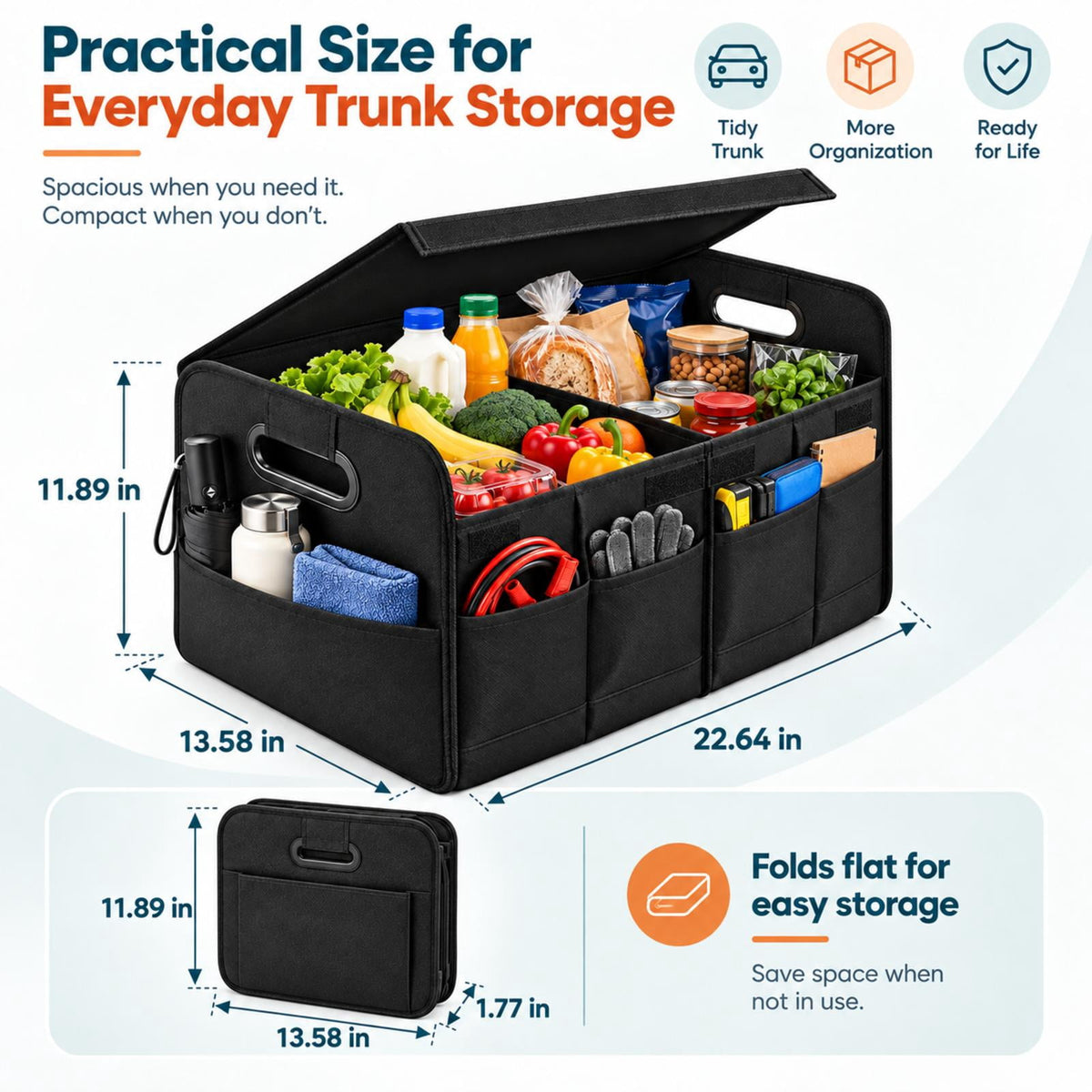 PHANCIR Foldable Car Trunk Organizer with Lid, Black