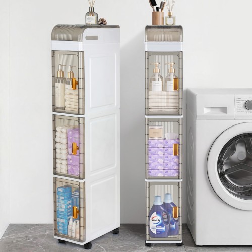 PHANCIR 3-Tier Tall Narrow Storage Cabinet with Wheels, Slim Rolling Storage Organizer with Transparent Doors for Bathroom, Laundry Room, Kitchen and Small Spaces, White