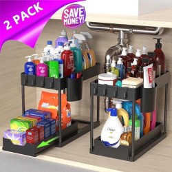 PHANCIR 2-Pack Under Sink Organizer, 2 Tier Sliding Under Sink Storage, High-Quality ABS for Bathroom & Kitchen