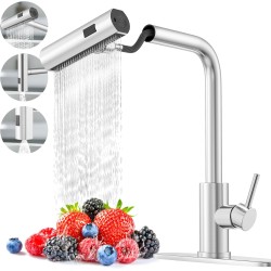 PHANCIR Brushed Nickel Single Hole Kitchen Faucet with Pull Down Sprayer, Single Handle High Flow Faucet, 3-Mode Sprayer, Stainless Steel Sink Faucet for Farmhouse, RV, Laundry