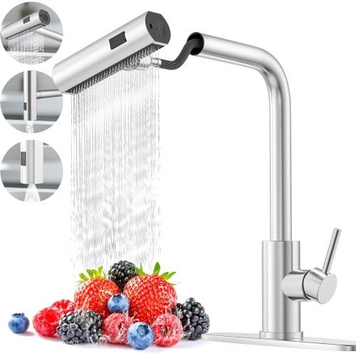 PHANCIR Brushed Nickel Single Hole Kitchen Faucet with Pull Down Sprayer, Single Handle High Flow Faucet, 3-Mode Sprayer, Stainless Steel Sink Faucet for Farmhouse, RV, Laundry