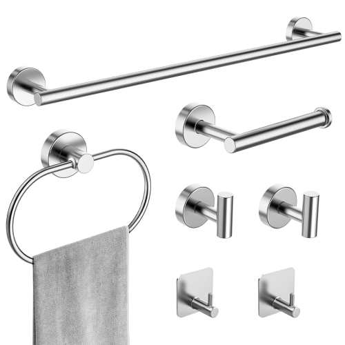 7 Pieces Bathroom Hardware Set, Bathroom Accessories Set Includes 24" Towel Bar, Toilet Paper Holder, Towel Ring, Robe Hook, Brushed Nickel & Stainless Steel, Wall Mounted Bathroom Towel Rack Set