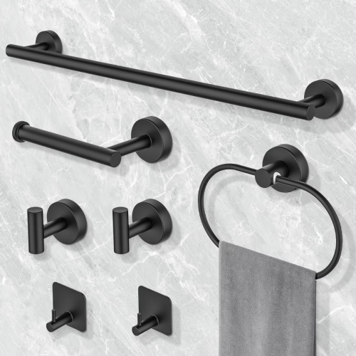 7 Pieces Bathroom Hardware Set, Bathroom Accessories Set Includes 24" Towel Bar, Toilet Paper Holder, Towel Ring, Robe Hook, Brushed Nickel & Stainless Steel, Wall Mounted Bathroom Towel Rack Set, Black