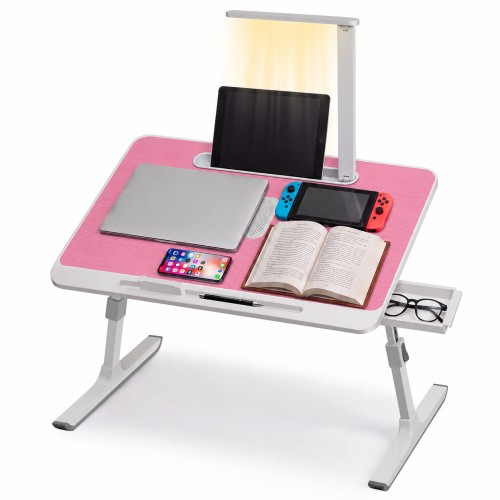 PHANCIR Adjustable Lap Desk with LED Light, Laptop Desk for Bed with Cooling Fan, Folding Laptop Tray for Work, Study, Reading (Pink)
