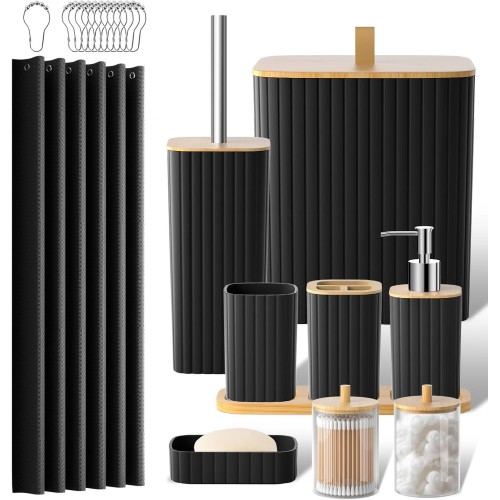 PHANCIR Bathroom Accessories Set-22PCS Bathroom Set with Shower Curtain and Hooks, Toilet Brush, Trash Can & Soap Dish,Black
