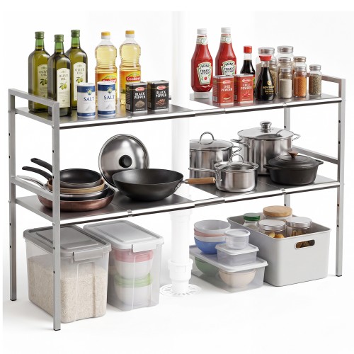 PHANCIR Under Sink Organizer with Adjustable Shelf, Expandable 2-Tier 201 Stainless Steel Rack, for Kitchen & Bathroom Cabinets
