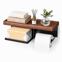 PHANCIR Toilet Paper Holder with Shelf, Wall Mounted Paper Towel Holder, Solid Wood & Steel, Walnut