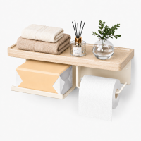 PHANCIR Toilet Paper Holder with Shelf, Wall Mounted Paper Towel Holder, Solid Wood & Steel, Oak White
