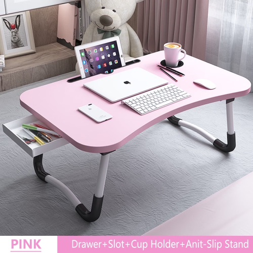 PHANCIR Foldable Lap Desk, 23.6 Inch Portable Wood Laptop Desk Table Workspace Organizer Bed Tray with iPad Slots, Cup Holder and Drawer, Anti-Slip for Working Reading Writing, Eating, Watching-Pink