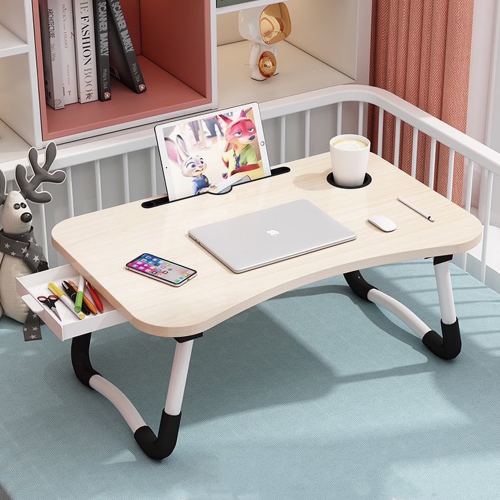 PHANCIR Foldable Lap Desk, 23.6 Inch Portable Wood Laptop Desk Table Workspace Organizer Bed Tray with iPad Slots, Cup Holder and Drawer, Anti-Slip for Working Reading Writing, Eating, Watching-White