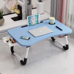 PHANCIR Foldable Lap Desk, 23.6 Inch Portable Wood Laptop Desk Table Workspace Office Organizer Bed Sofa Tray with Slots/Cup Holder/Drawer, Anti-Slip for Reading Writing Eating Watching, Blue
