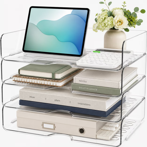 PHANCIR Clear 4-Tier Stackable Desk Organizer, Horizontal Paper File Tray, Desktop Document Sorter & Storage for Office, Home, School, Holds A4, Letters, Notebooks, Books & Office Supplies