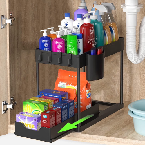 PHANCIR Under Sink Organizer, 2 Tier Multi-Purpose Large Capacity Kitchen Under Sink Organizers and Storage, Easy Access Sliding Storage Drawer with Hooks and Hanging Cup, for Bathroom Under Sink