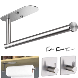 PHANCIR Paper Towel Holders with 2 Pack Adhesive Hooks, Wall Mount Kitchen Paper Holder Under Cabinet, Silver