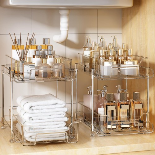 PHANCIR 2 Pack 2 Tier Bathroom Storage Organizer, Multi-Purpose Slide-Out Storage Container,Bathroom Vanity Counter Organizing Tray,Pull Out Kitchen Pantry Shelf Cupboard Closet Vanity Organization