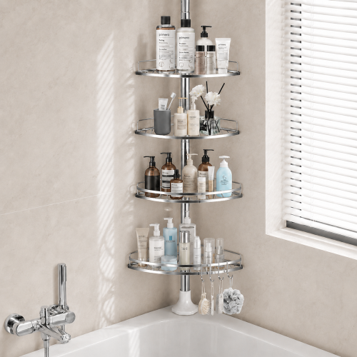 PHANCIR Shower Caddy with Tension Pole , 4 Tier L-Stainless Steel Corner Shower Organizer with Adjustable Shelves with 4 Hooks, Rust Resistant Triangle Shower Shelf for Tub, Silver