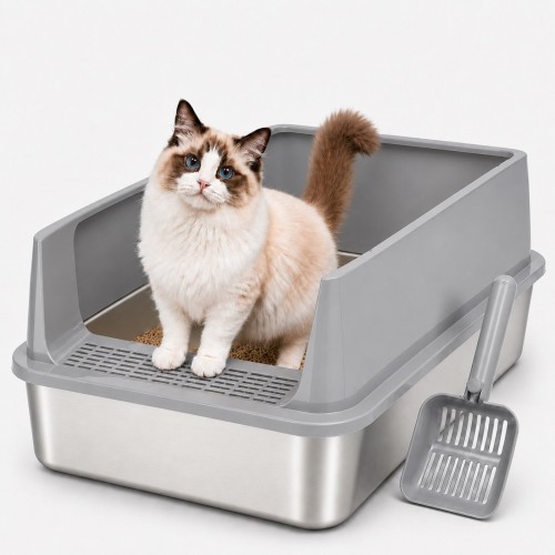 PHANCIR Cat Litter Box, Stainless Steel High-Sided, Non-Stick&Leak-Proof, Large Capacity, Easy-Clean with Litter Scoop & 6 Anti-Slip Pads(Gray)