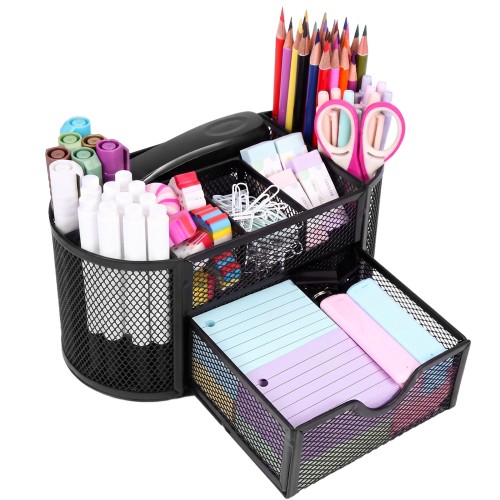 PHANCIR Mesh Desk Organizer with Drawer, 8 Compartments, Black
