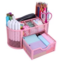 PHANCIR Mesh Desk Organizer with Drawer, 8 Compartments, Light Pink
