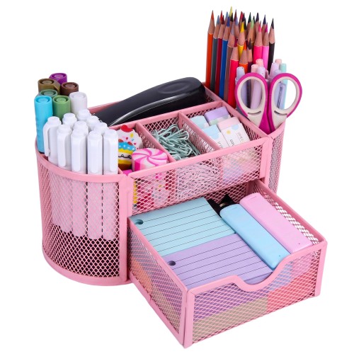 PHANCIR Mesh Desk Organizer with Drawer, 8 Compartments, Light Pink
