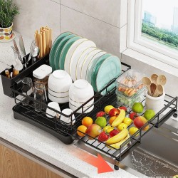 PHANCIR Dish Drying Rack for Kitchen Counter with Drainboard, Detachable Stainless Steel, Black
