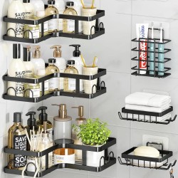 PHANCIR 6 PCS Corner Shower Caddy with Soap Holder, Wall-Mounted Stainless Steel Shelf, Black