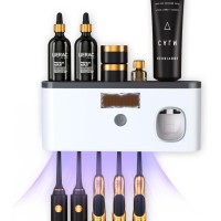PHANCIR Wall Mounted Toothbrush Holder with Toothpaste Dispenser Electric Toothbrush Holder for Bathroom Solar Charging and No Drilling Required Smart Toothbrush Organizer with 5 Brush Slots