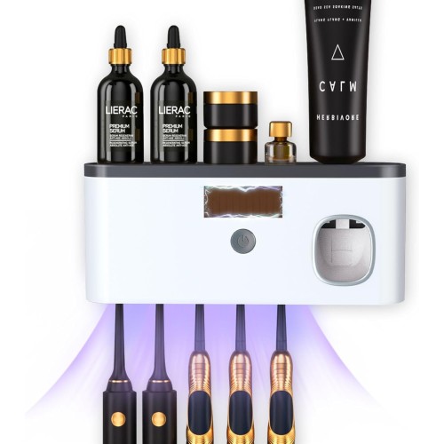 PHANCIR Wall Mounted Toothbrush Holder with Toothpaste Dispenser Electric Toothbrush Holder for Bathroom Solar Charging and No Drilling Required Smart Toothbrush Organizer with 5 Brush Slots
