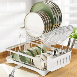 PHANCIR Dish Drying Rack for Kitchen Counter with Drainboard, Detachable Stainless Steel 2 Tier Large Dish Racks Drainer Sink Organizer with Utensils Holder and Cup Holder, White