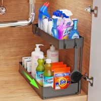 PHANCIR 1-Pack L-Shape Under Sink Organizer, 2 Tier Multi-Purpose Large Capacity Kitchen Under Sink Organizers And Storage Easy Access Sliding Storage Drawer With Hooks For Bathroom Under Sink