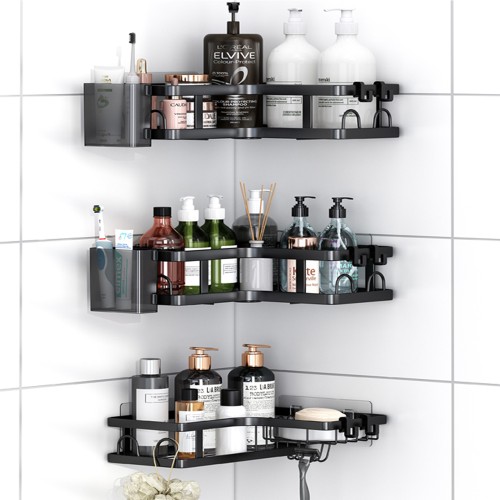 PHANCIR 5 PCS Corner Shower Caddy, No Drilling Stainless Steel Shower Storage Rack with Hooks & Toothpaste Holder for Bathroom, Black