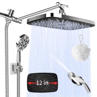 PHANCIR 12" High-Pressure Rain Shower Head Combo, 11" Adjustable Extension Arm, Full Rainfall Shower head with Anti-Clog Nozzles, 3+5+2 Spray Settings Handheld Shower with Power Wash,Chrome