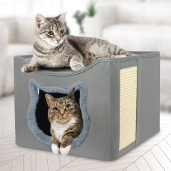 PHANCIR Cat Beds for Indoor Cats, Foldable Square Cat Bed, Comfortable Pet Cat Cave Bed & Furniture, with Scratching Pad and 2 Cushion, Grey