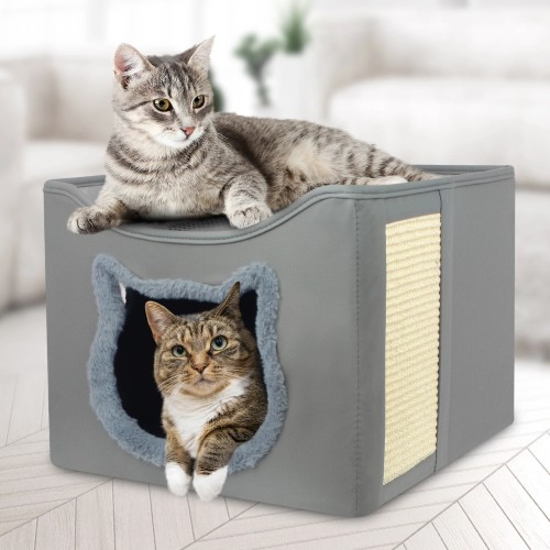 PHANCIR Cat Beds for Indoor Cats, Foldable Square Cat Bed, Comfortable Pet Cat Cave Bed & Furniture, with Scratching Pad and 2 Cushion, Grey