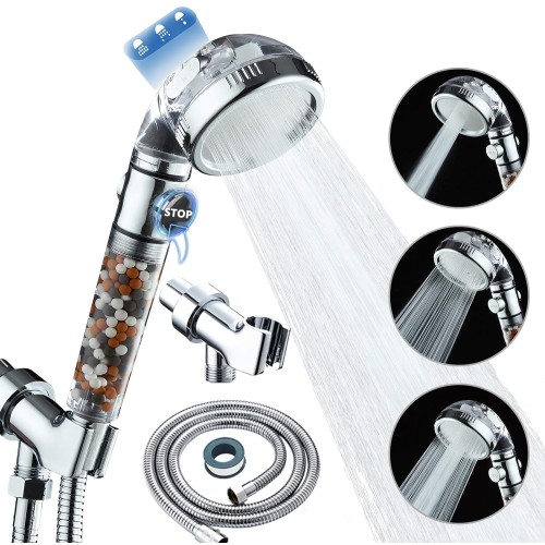 PHANCIR Hand Held Shower Head, 3 Settings Spray High-Pressure Shower Heads with Filter Beads, Clear
