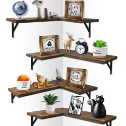 PHANCIR 4 Tier Corner Floating Shelves Wall Mounted Set of 4, Rustic Wood Corner Shelf L-Shaped Wall Shelves Storage for Bedroom, Living Room, Bathroom, Kitchen, Office - Carbonized Black