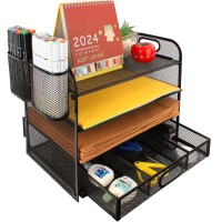PHANCIR 4 Tier Desk Organizer, Mesh Desk File Organizer with Handle, Paper Sorter Organizer with Pen Holder for Letter/A4 Office File