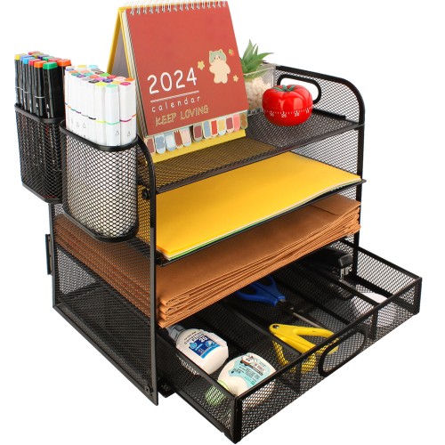 PHANCIR 4 Tier Desk Organizer, Mesh Desk File Organizer with Handle, Paper Sorter Organizer with Pen Holder for Letter/A4 Office File