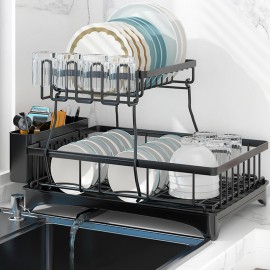 PHANCIR Dish Drying Rack for Kitchen Counter with Drainboard, Detachable Stainless Steel 2 Tier Large Dish Racks Drainer Sink Organizer with Utensils Holder and Cup Holder, Black