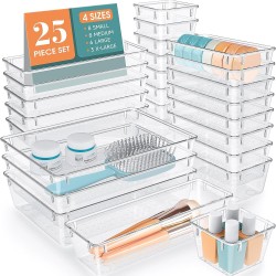 PHANCIR 25 PCS Plastic Drawer Organizer Set, Clear Desk Organizer Tray for Makeup, Vanity, Office, Bathroom, Bedroom