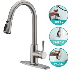 PHANCIR Kitchen Faucet with Pull Down Sprayer, High Arc Single Handle Kitchen Sink Faucets with Pause Button Premium Brushed Nickel with Deck Plate Suit to 1 or 3 Holes