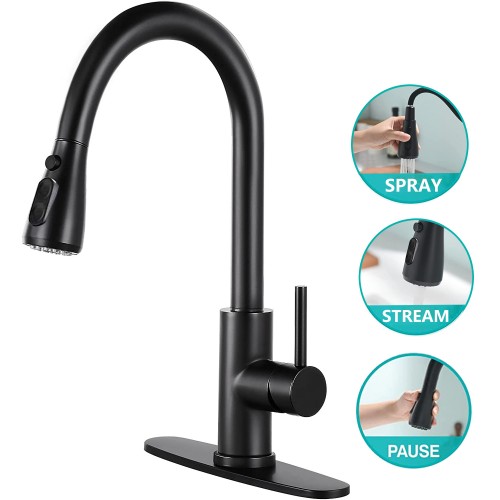 PHANCIR Kitchen Faucet with Pull Down Sprayer, High Arc Single Handle Kitchen Sink Faucets with Pause Button Premium Brushed Nickel with Deck Plate Suit to 1 or 3 Holes Black