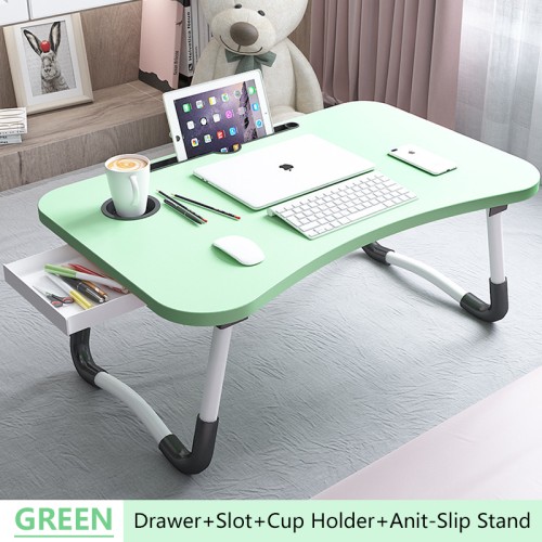 PHANCIR Foldable Lap Desk, 23.6 Inch Portable Wood Laptop Desk Table Bed Tray with iPad Slots, Cup Holder and Drawer, Anit-Slip Lap Desk for Working Reading Writing, Eating, Watching-Green