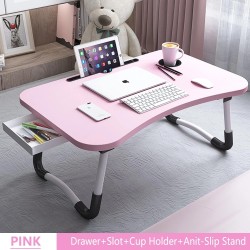 PHANCIR Foldable Lap Desk, 23.6 Inch Portable Wood Laptop Desk Table Bed Tray with iPad Slots, Cup Holder and Drawer, Anit-Slip Lap Desk for Working Reading Writing, Eating, Watching-Pink