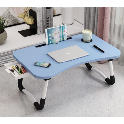 PHANCIR Foldable Lap Desk, 23.6 Inch Portable Wood Laptop Desk Table Bed Tray with iPad Slots, Cup Holder and Drawer, Anit-Slip Lap Desk for Working Reading Writing, Eating, Watching-Blue
